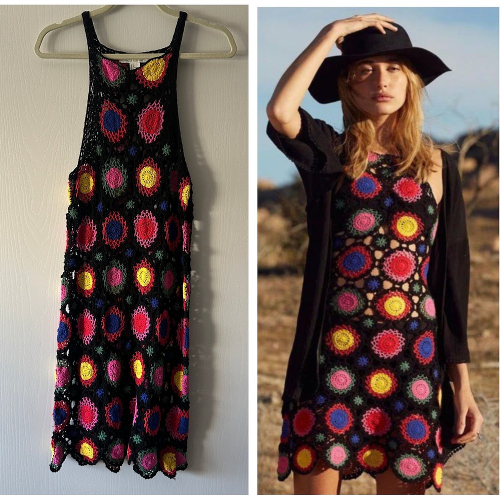 H&M Loves Coachella Crochet Dress Circle Granny Square Festival Boho Size 14